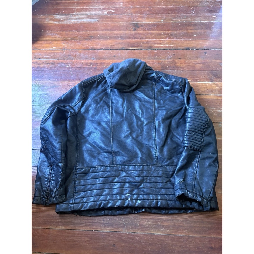 Levi Black Motorcycle Hooded Faux Leather Bomber Racer Trucker Jacket Mens XXL - Picture 7 of 9